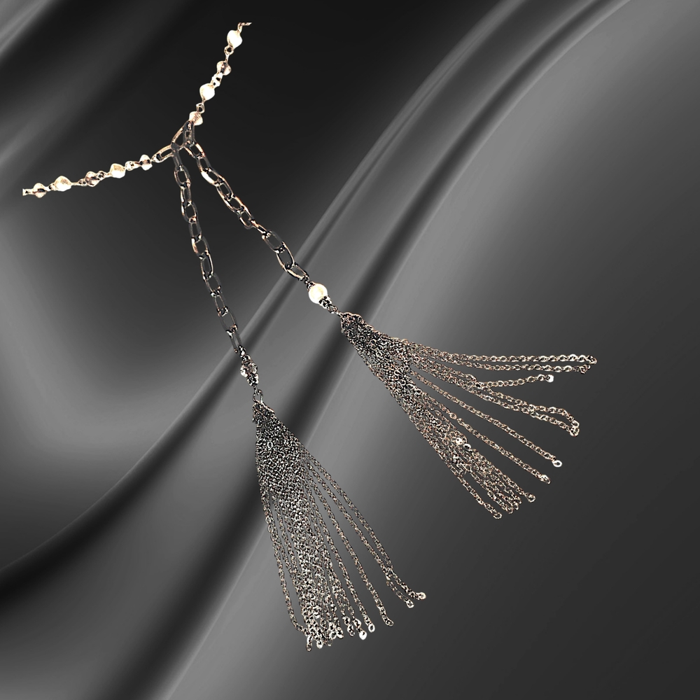 N4S Silver Double Tassel Necklace & Faux Pearls Accents